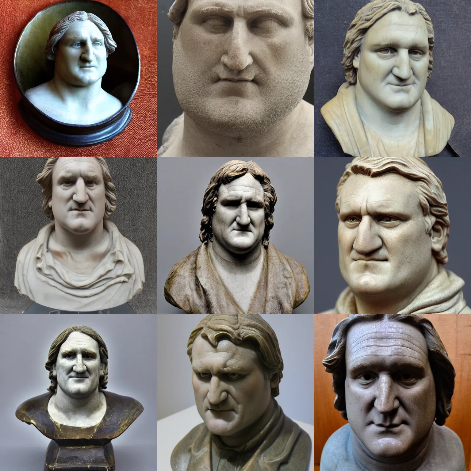 Prompt: antique marble statue of gerard depardieu, 1 / 4 headshot, portrait, realistic