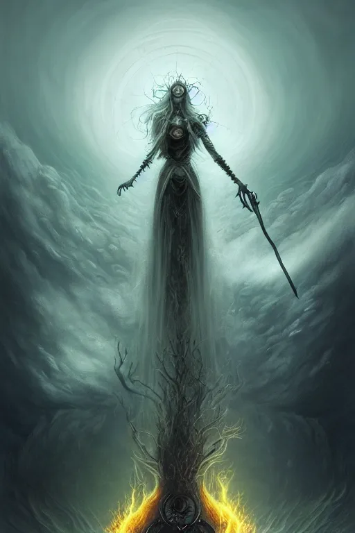 Prompt: Beautiful Eldritch Goddess of Nuclear Explosions, digital art, fantasy, magic, trending on artstation, illustration by Seb McKinnon and Peter Mohrbacher, ultra detailed, atmospheric, powerful presence, bossfight, darksouls, grand finale, explosive entrance, final battle, cutscene, cinematic lighting, unleashing the power of the flame, burning pulse, close-up