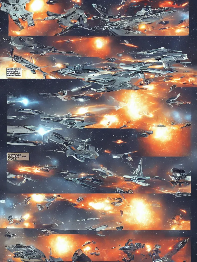 Image similar to A science fiction comic book page made by Jorg de Vos, spaceship battle, stars, explosions, epic scene