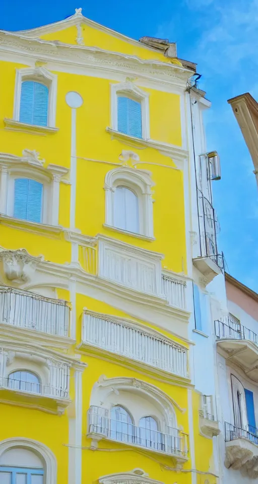 Prompt: pastel yellow italian architecture in front of a light blue clear sky, beautiful, minimalistic, aesthetic, cartoonish, two colours