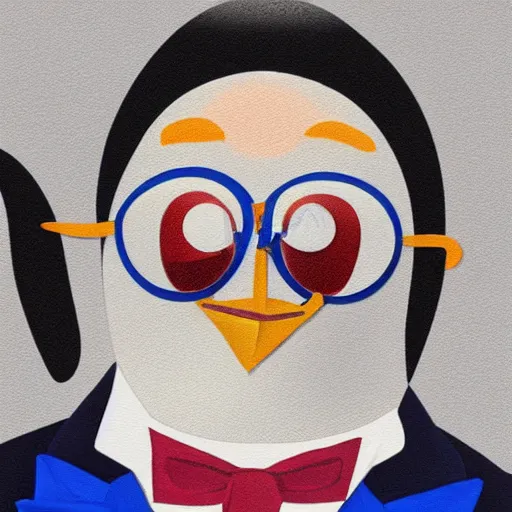 Prompt: selfie of a groovy penguin in a suit, blue penguin, hair, godfather, symmetrical, dark background, smoke, realistic, highly detailed, trending on artstation,