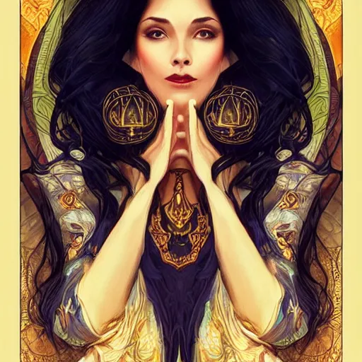Image similar to head-on centered painted portrait, mage queen , voluminous black hair, art nouveau, fractal tarot card style, masterpiece, fantasy, intricate, elegant, highly detailed, smooth, sharp focus, illustration, artstation, in the style of Artgerm and Anna Podedworna and Alex Ross and Mucha