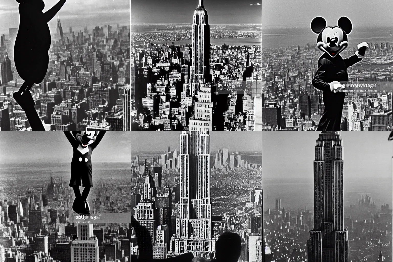 Prompt: gigant mickey mouse climbing the empire state building in new york city, 1 9 5 0 s movie, dramatic, detaild, black and white, old movie scene, mickey, empire state