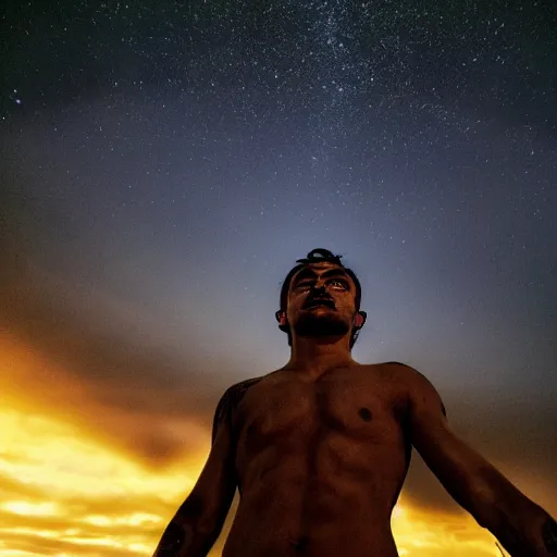 Image similar to A handsome Peruvian god floating with his arms up, his eyes glowing yellow, casually dressed, his whole body glowing blue ominously. Shot from below, photorealistic, ominous and apocalyptic dark sky.