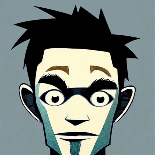 Image similar to a man with messy blue hair and all - black eyes, portrait, gorillaz style, jamie hewlett