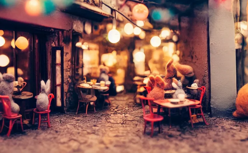 Image similar to miniature cafe diorama macro photography, cafe with felted bunnies, alleyway, ambient, atmospheric, british, cozy, bokeh, romantic, colorful lanterns