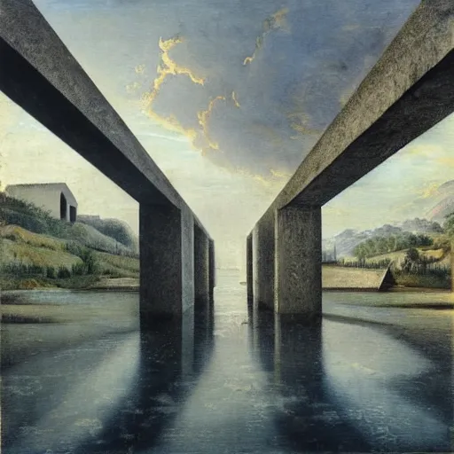 Prompt: classical landscape paintings of brutalist concrete structures