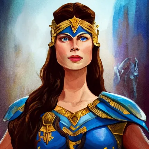 Prompt: portrait of hippolyta queen of the amazons, a beautiful tall dignified dark - haired woman with tanned skin and blue eyes, dressed in hellenistic greek armour, high detailed, detailed face, detailed eyes, intricate, elegant, smooth, sharp focus, artstation, art by helena nikulina,