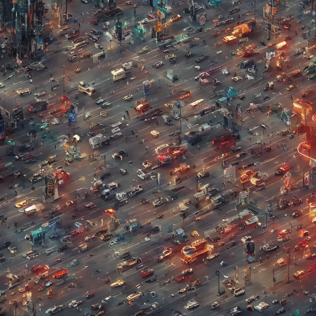 Prompt: A stunning close-up view illustration of a dystopian city traffic intersection, with walking humanoid figures and mechanical vehicle traffic, service robots, cyberpunk strip clubs, pimps, prostitutes, gangs, vandals and vagrant broken cyborgs on the sidewalk, by Geof Darrow and Mikw Mignola, cinematic, highly microdetailed, octane render, vray, rich cinematic atmosphere of trashiness and street filth, perfect digital art, sleazy dark future, highly hyperdetailed and microdetailed, perfect mechanical structures, cyberpunk, sci-fi, Dark Horse Comics, Hard Boiled, dim lights, sharp focus, high detailed, Bill Sienkiewicz , Thomas Kinkade