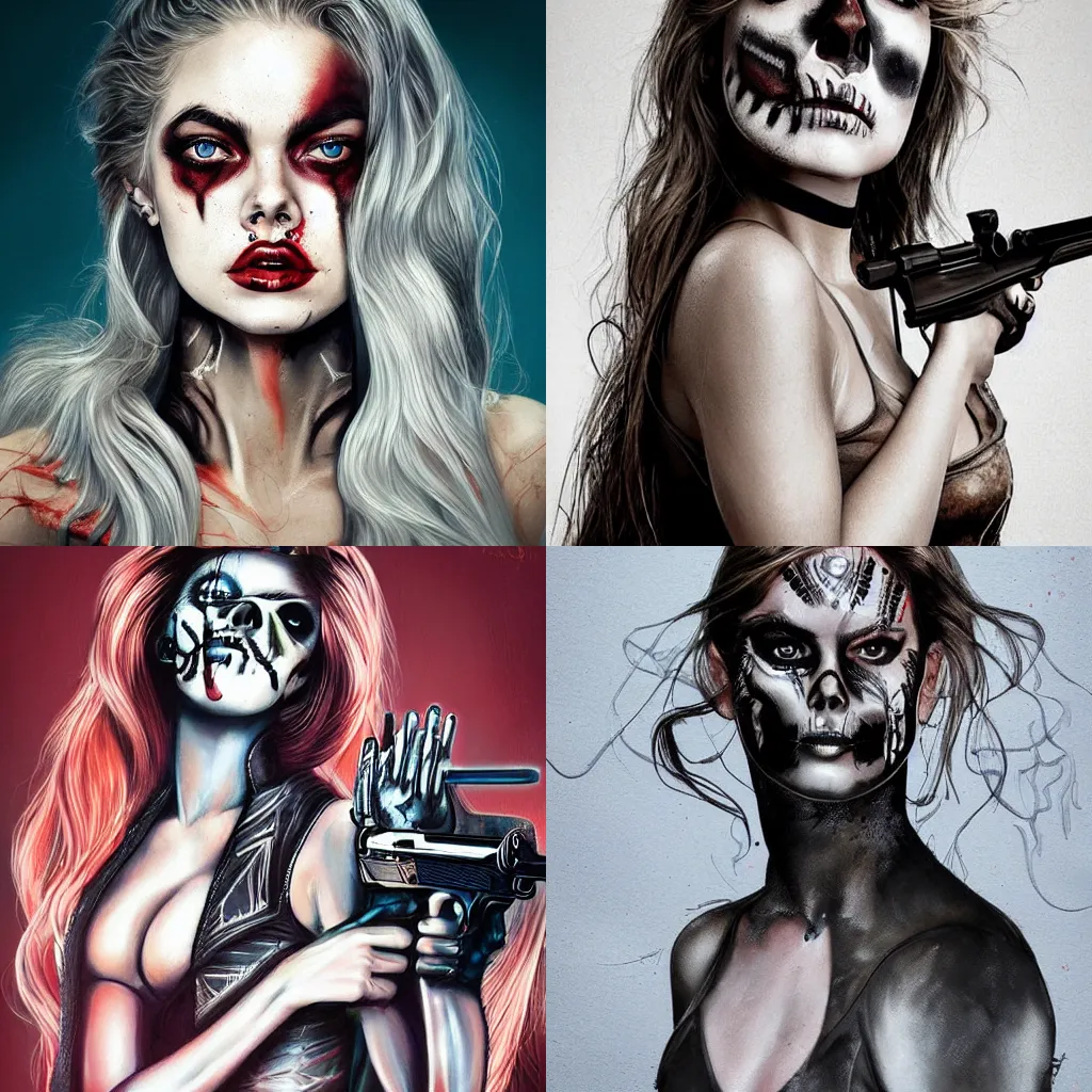 Prompt: in the style of artgerm, Samara Weaving with skull paint on her face, full body, holding a shotgun