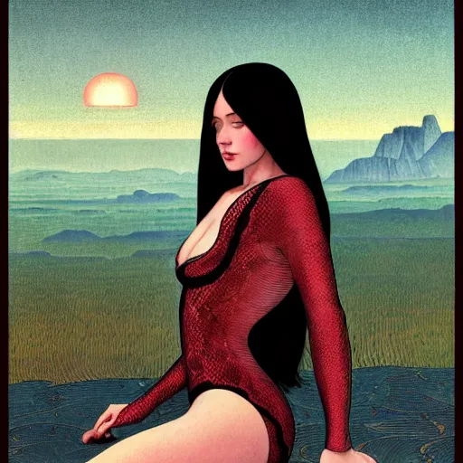 Prompt: girl with long black hair in burgundy python snake skin bodysuit at sun hills biome. highly detailed, digital painting, watercolor, engraving, artstation, concept art, smooth, sharp focus, vivid grunge, manga, illustration, unreal engine 5, 8 k, art by bilibin and kilian eng and kuvshinov and malevich and mucha