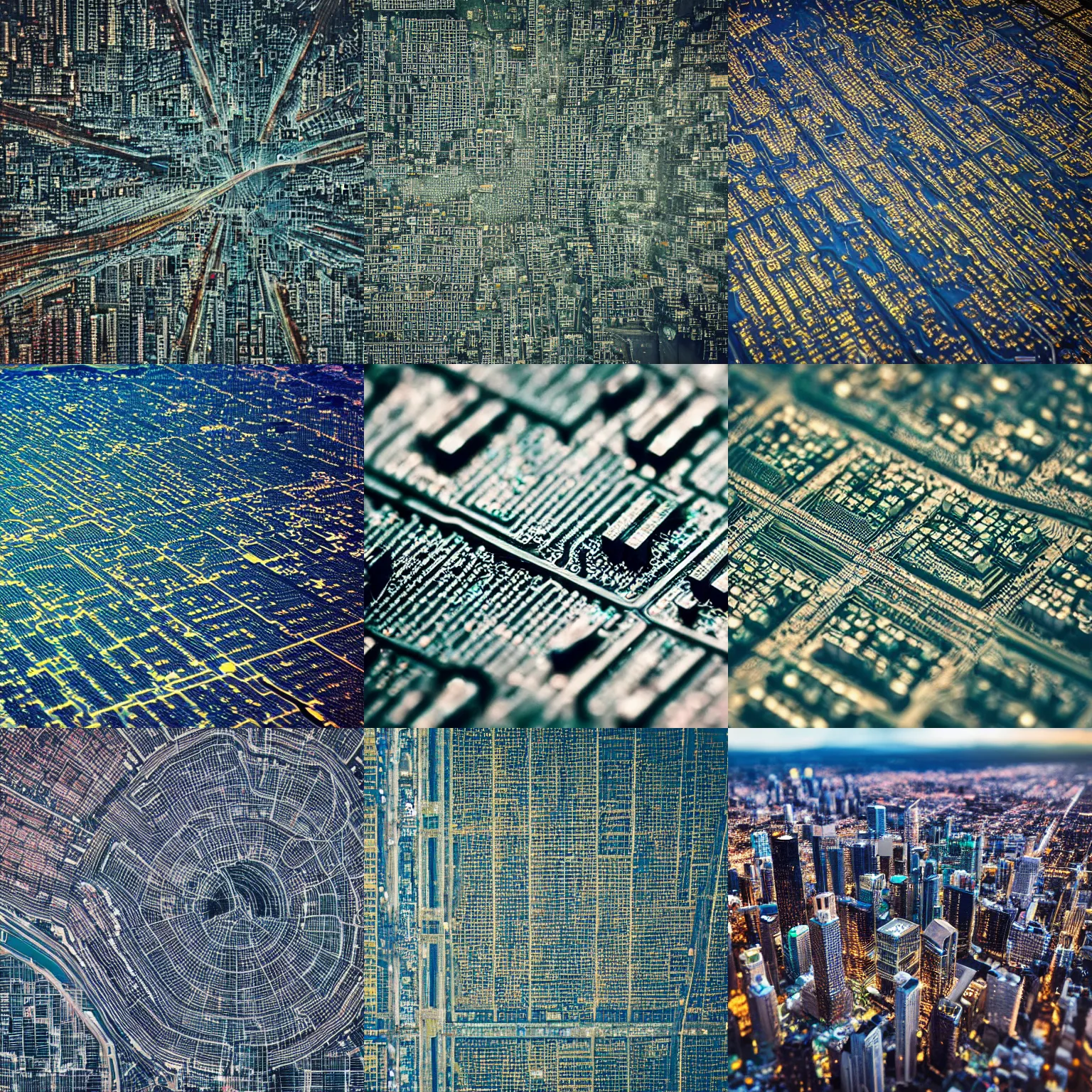 Prompt: aerial view of a city that looks like a circuit board, tilt shift photography, high quality, detailed