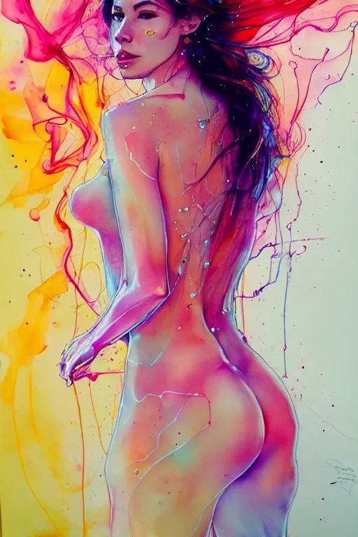 Image similar to sophia vergara by agnes cecile enki bilal moebius, intricated details, 3 / 4 back view, bendover posture, full body portrait, extremely luminous bright design, pastel colours, drips, autumn lights