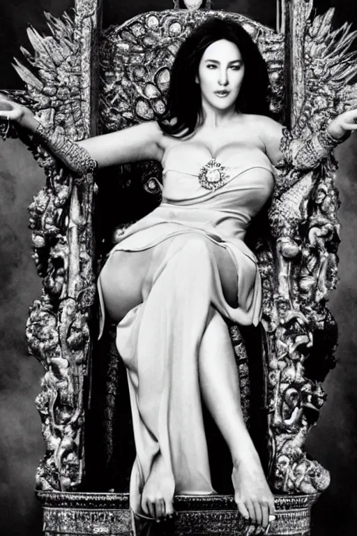 Image similar to Monica Bellucci as a Goddess sitting on a throne