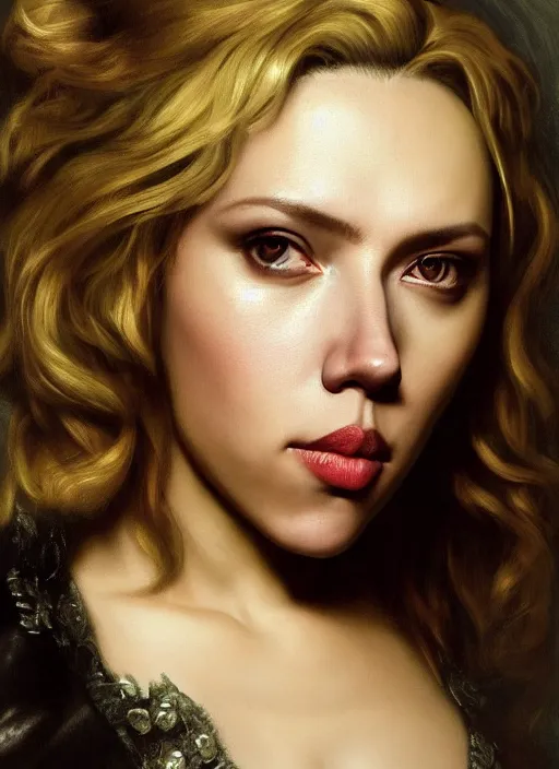 Image similar to Beautiful ,black Canary , Scarlett Johansson,, Dramatic, Edge, Good, Infused, Backlight, De-Noise, VFX, insanely detailed and intricate, hypermaximalist, facial ,elegant, ornate, hyper realistic, super detailed, by Anthony Van Dyck, by Ivan Shishkin, by John Constable