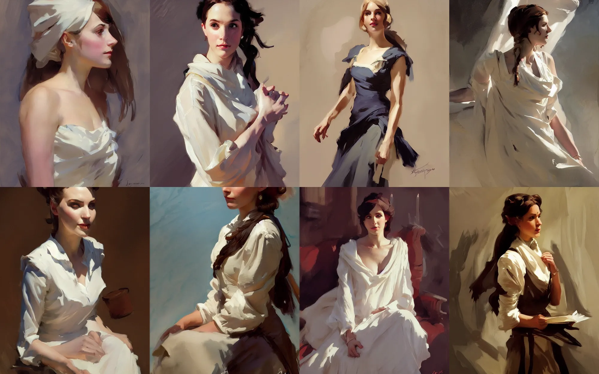 Image similar to portrait of young woman traveler in dress cloth greg manchess painting by by sargent and leyendecker, d & d, fantasy, medium shot, asymmetrical, intricate, elegant, matte painting, illustration, hearthstone, by greg rutkowski, by greg tocchini, by james gilleard, by joe fenton