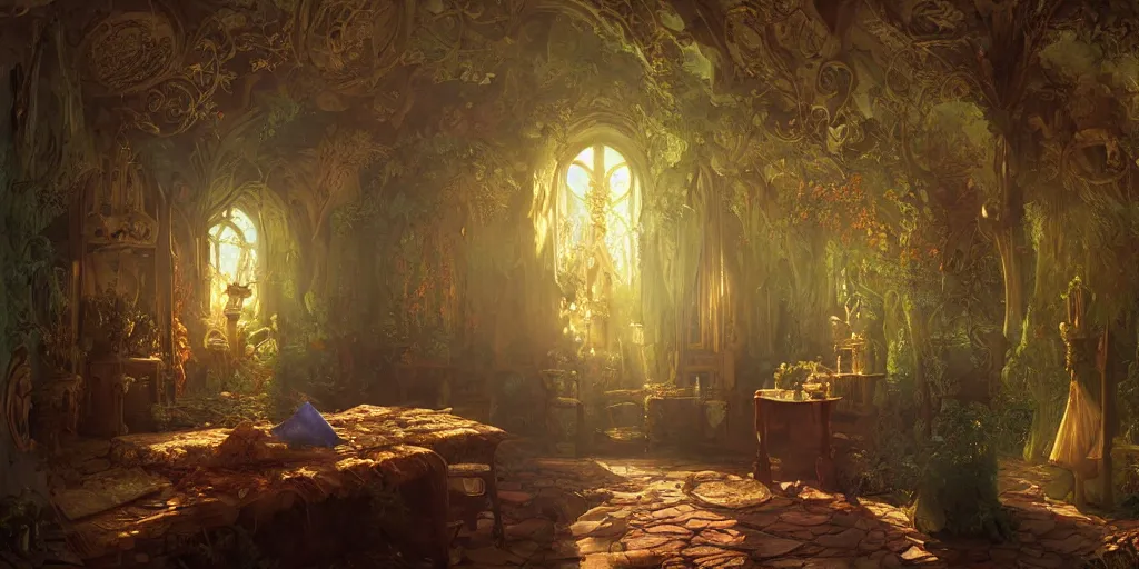 Image similar to a room in a fairy castle, stephen bliss, unreal engine, fantasy art by greg rutkowski, ferdinand knab,, ilya kuvshinov, maxfield parrish tom bagshaw, alphonse mucha, global illumination, radiant light, detailed and intricate environment