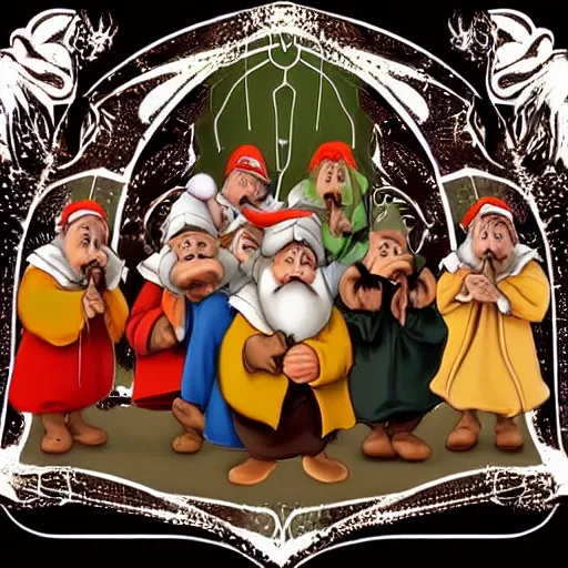 Image similar to seven dwarves in catholic religious garb with halos, background of poison apples, digital painting, glow art nouveau