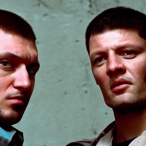 Image similar to close view headshot portrait of alexandr zembatov and mikhail alontsev, tall and small, posing on a street in gangsta comedy of 1990s, movie shot, Lock, Stock and Two Smoking Barrels