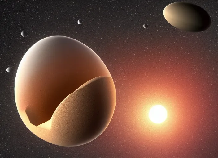 Image similar to 3d render of an egg shaped planet flying through interstellar space depicted by Leonardo da Vinci
