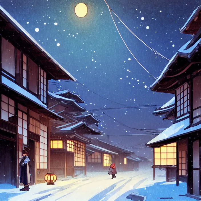 Image similar to empty rural japanese town at night, winter, in the style of studio ghibli, j. c. leyendecker, greg rutkowski, artem