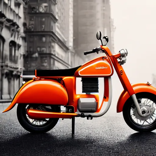 Prompt: hasselblad photo of an elegant vintage full frame moped, high gloss action shot, beautiful restored machinery, full product shot, centered, sharp focus dynamic lighting