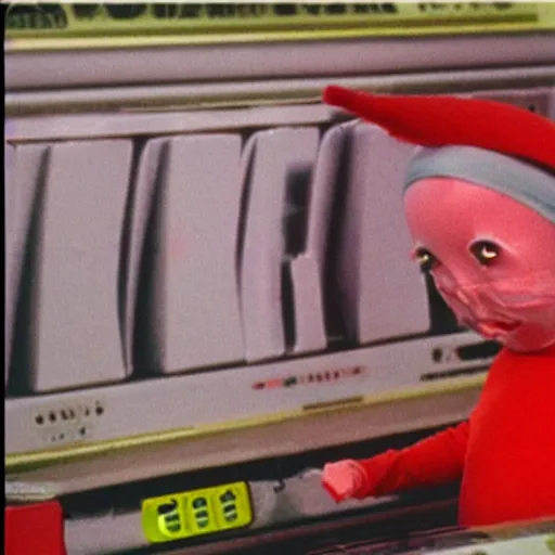 Image similar to conehead Teletubbies smoking cigarettes, vhs tape glitch