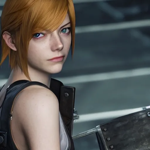 Image similar to emma stone in final fantasy vii remake, character render, full body shot, highly detailed, in game render