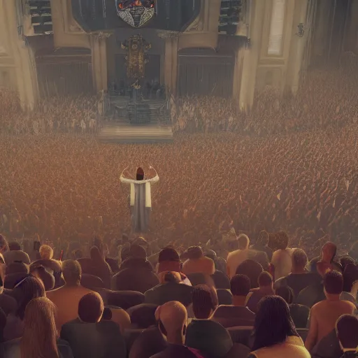 Image similar to pastor Dante Gebel giving a sermon message before a large crowd, artstation, Greg rutkowski, cinematic, digital Art