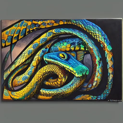 Prompt: A dark room with a large colored snake in the center of it, highly detailed acrylic painting