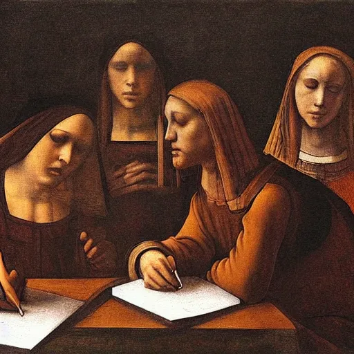 Prompt: detailed painting of students suffering in university by leonardo da vinci