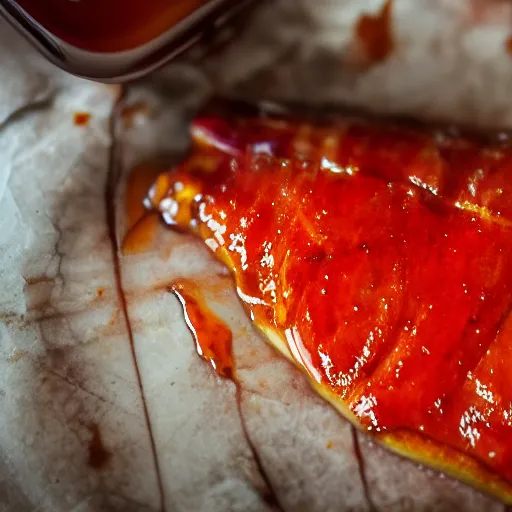 Image similar to macro photography of bacon covered in a maple Sriracha glaze