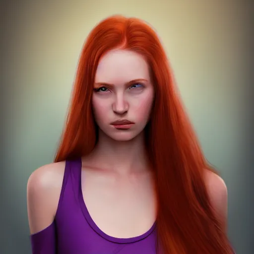 Image similar to woman with long ginger hair and purple eyes in semi realism style, trending on artstation