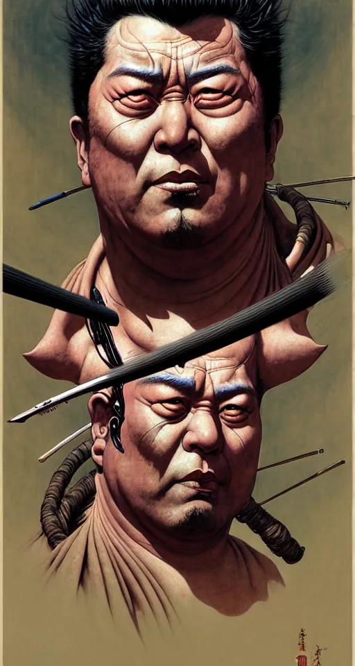 Image similar to portrait of zatoichi in the style of wayne barlowe, gustav moreau, peter mohrbacher, bussiere, roberto ferri, santiago caruso, luis ricardo falero, austin osman spare, boris vallejo, hajime sorayama