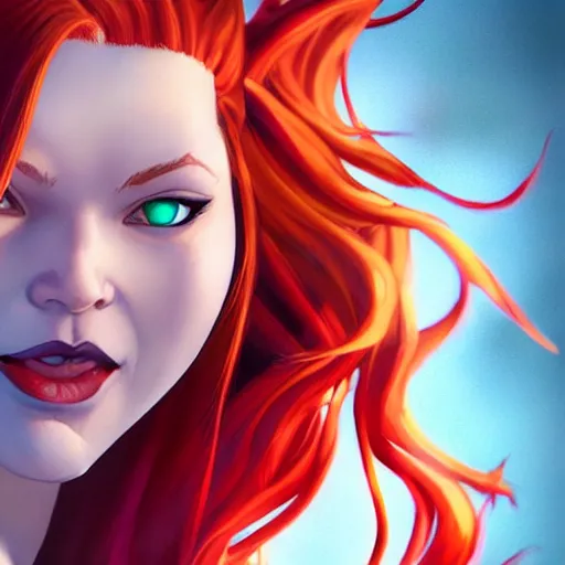 Image similar to Rogue x-men marvel, Lilo Reinhart, smile, long red hair, white streak in hair, realistic character concept, full body shot, cute fun pose, comic book, illustration, symmetrical face and body, artstation, cinematic lighting, hyperdetailed, cgsociety, 8k, high resolution, Charlie Bowater, Tom Bagshaw, single face, insanely detailed and intricate, beautiful