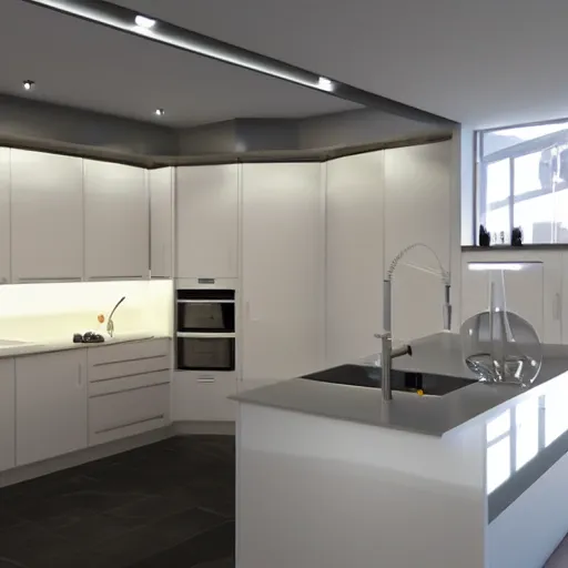 Image similar to modern kitchen with led strip lighting, homes and gardens, super detailed render, award winning