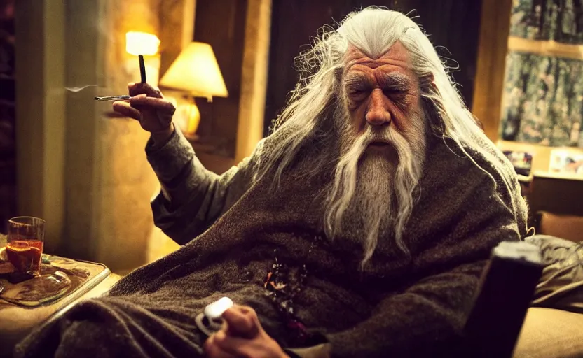 Image similar to a smartphone picture of stoned gandalf smoking a joint sitting on a couch in a night club,