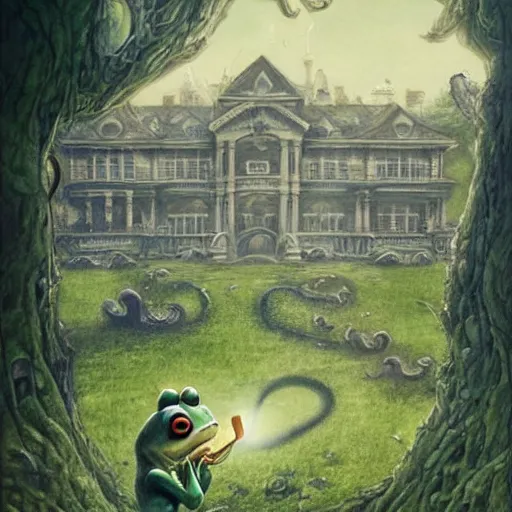 Image similar to A portrait of a scary godlike anthropomorphic frog smoking a cigarette , mansion made of mushrooms in background . award winning. superb resolution. in the art style of junji Ito and greg rutkowski . Detailed Mushroom city in background. Hyper realistic anime. Perfect art. Dalle2