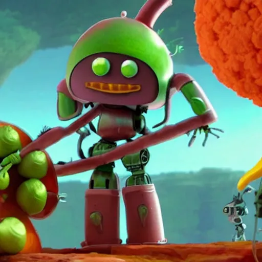 Image similar to robot made of vegetables with big tomato head and a carrot sword, made in abyss style