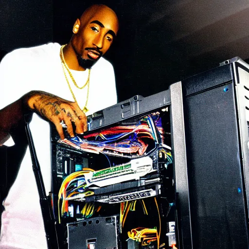 Prompt: Tupac Shakur building a pc.