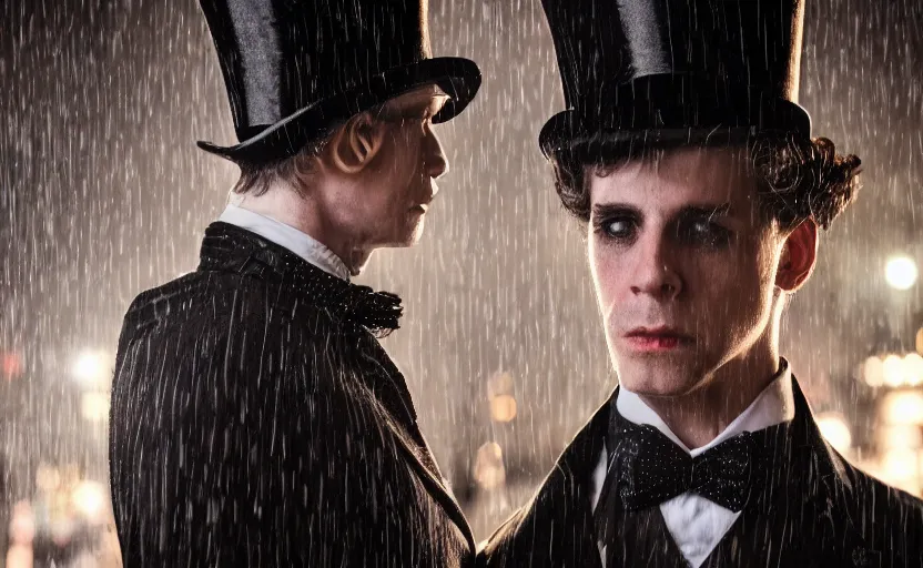 Prompt: cinestill 5 0 d candid photographic portrait by david cronenberg of baroque steampunk cyborg gentleman wearing an edwardian suit and top hat, modern cyberpunk moody emotional cinematic, closeup, pouring rain menacing lights shadows, 8 k, hd, high resolution, 3 5 mm, f / 3 2, ultra realistic faces, ex machina