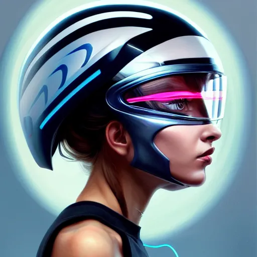 Prompt: profile photo of a girl driver wearing a transparent visor helmet with big eye lashes with high detailed tattoos on neck, side profile on a racing car, highly detailed, digital painting, artstation, concept art, smooth, sharp focus, illustration by Sandra Chevrier