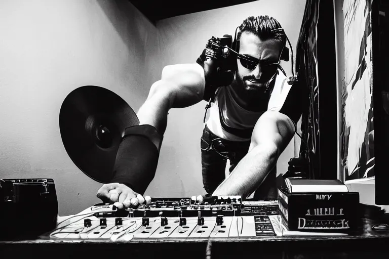 Image similar to gigachad as a dj, black and white photography, highly detailed