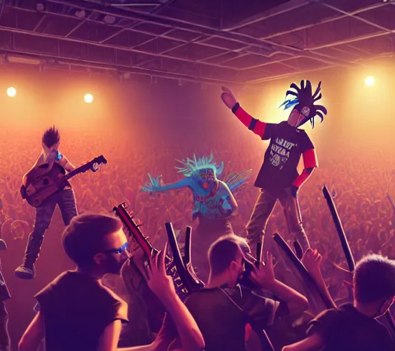 Image similar to 4 punks in school uniform with mohawks stand on stage with guitars and drums and microphones and yell day, foreground fight of ravers and punks, by marc simonetti, tyler edlin, deviantart, ray tracing, octane render, digital art, realistic, high quality, 8 k