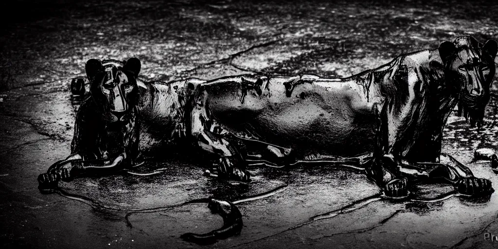 Image similar to the black lioness made of tar, laying on their back, dripping tar, drooling goo, covered in slime, sticky black goo, bathing in the pit filled with tar, dripping goo, sticky black goo. photography, dslr, reflections, black goo, rim lighting, cinematic light, tar pit, chromatic, saturated, slime