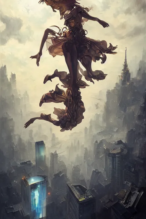 Image similar to detective falling through the sky, city, by peter mohrbacher, artgerm, karol bak, loish, ayami kojima, james stokoe, highly detailed, ultra detailed, ultra realistic, trending on artstation