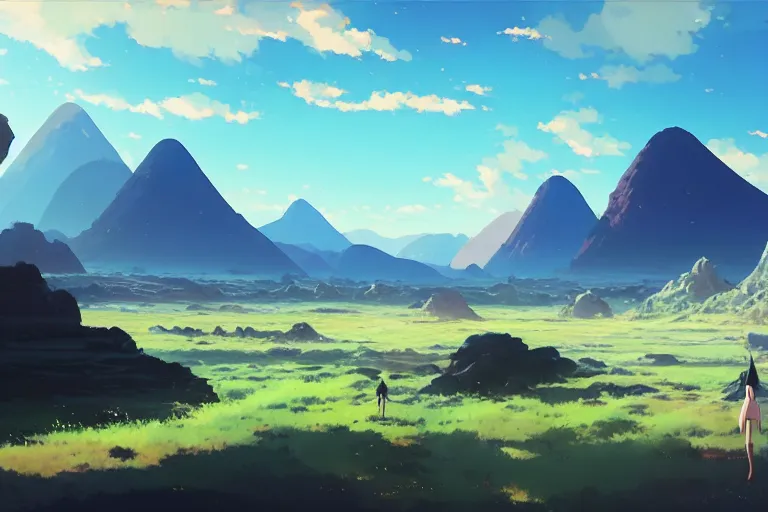 Prompt: blue rocky landscape, flat platue, mountains in the distance, a planet on the horizon, alien world, by makoto shinkai an krenz cushart