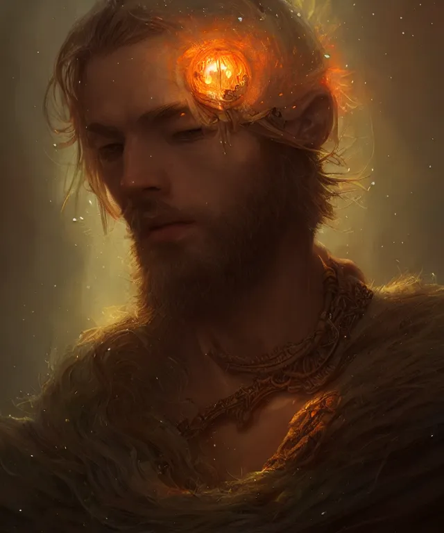 Image similar to a male druid, fully clothed, glowing energy, fantasy, intricate, cinematic lighting, highly detailed, digital painting, artstation, concept art, smooth, sharp focus, illustration, subject in the middle of the frame, art by wlop