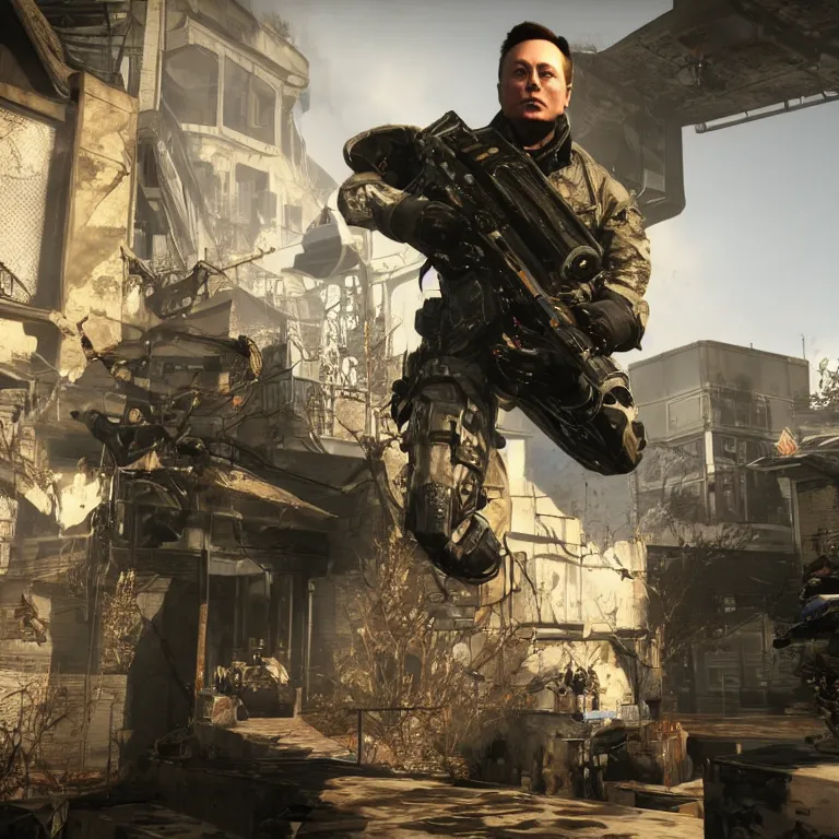 Prompt: Elon Musk in the Call of Duty Black Ops zombies map Tranzit