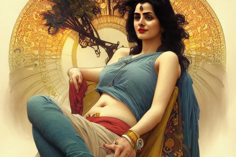 Image similar to sensual pale beautiful indian doctor in jeans, art deco portrait, elegant, intricate, digital painting, artstation, concept art, smooth, sharp focus, illustration, art by artgerm and greg rutkowski and alphonse mucha